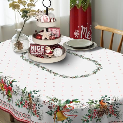 Christmas Holly Oval Tablecloth 72x54 Inches Red Holiday Decor Washable