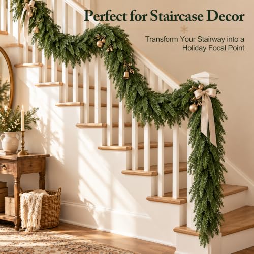 Worthyeah 2 Pcs 9 Ft Real Touch Norfolk Pine Garland for Mantel, Indoor/Outdoor Christmas