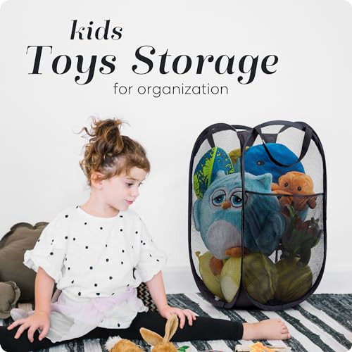 Handy Laundry Collapsible Mesh Pop-Up Hamper with Side Pocket - Black