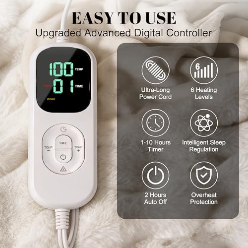 Electric Heated Throw Blanket, Faux Rabbit Fur, 1-10H Timer