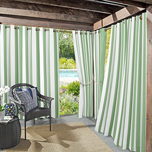Sun Zero Valencia Cabana Stripe Indoor/Outdoor UV Protectant Energy Efficient Grommet Curtain Panel Pair, 54" x 95", Spa Green, 2-Pack