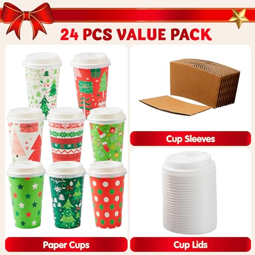 JOYIN Bright 24 Pack Christmas Disposable Paper Cups 16 oz with Lids & Sleeves