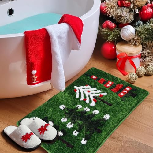 Christmas Bathroom Rug - Non-Slip Green Christmas Tree Bath Mat, Absorbent & Washable, 20x31 inches