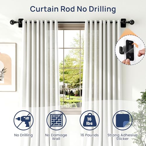 No Drill Adjustable Curtain Rod - Black Tool-Free Adhesive Window Rod