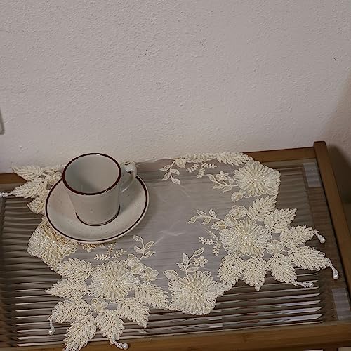 VIRFONOR Beige 23.6x23.6 in Handmade Beaded Lace Doilies (Pack of 4) – Table Mat for Coffee Pot Vase Decor
