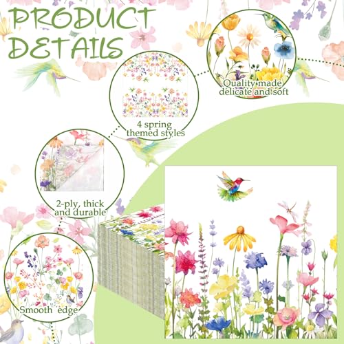 Fulmoon 200 Pcs Pastel Wildflower Cocktail Napkins - Hummingbird Design, 5-inch Disposable Party Paper Towels