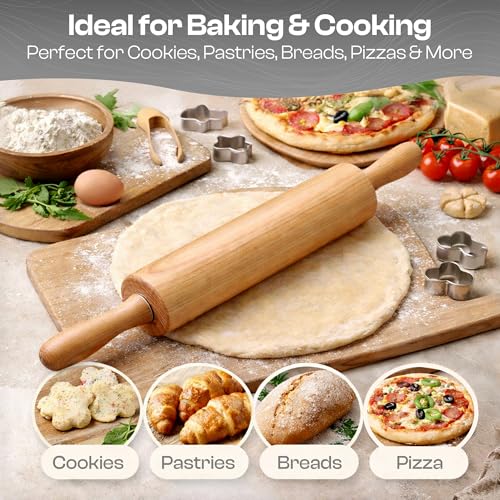 Beech Wood Rolling Pin with Handles - 17.6 Inch Dough Roller for Baking