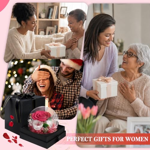 Pink Preserved Rose Gift for Women - Eternal Flowers in Glass Dome with LED Light - FIACO