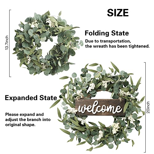 20-Inch Artificial Eucalyptus Wreath with Welcome Sign for Front Door
