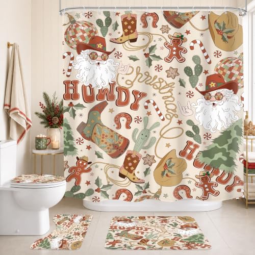 Mitpok Christmas 01 Shower Curtain & Rug Set 72x72 Inches Merry Xmas Western Cowboy Bathroom Decor