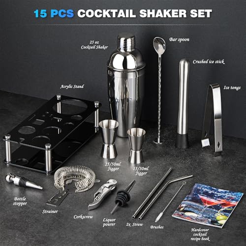 Wukuna 15-Piece Cocktail Bartender Kit with Stainless Steel Shaker & Acrylic Stand
