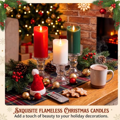 Retisee Christmas Heart Flameless Pillar Candles – 3-Piece Set with Timer, 4/5/6 Inch, Red/Green/White, Christmas Color