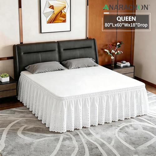 Queen Wrap-Around Elastic Bed Skirt - 18" Drop White Eyelet Dust Ruffle