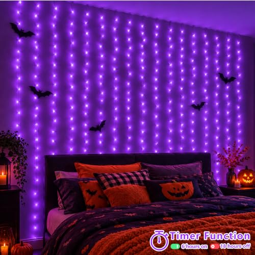 YEGUO Purple 900 LED Curtain Lights, 8 Modes Plug-in Window Backdrop 9.8 x 29.5ft (Indoor/Outdoor) Halloween