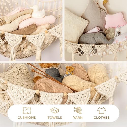 Macrame Stuffed Animal Hammock Corner Toy Net with LED Lights - 100% Cotton