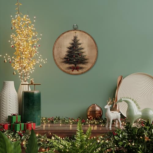 Voxitura Vintage Winter Christmas Tree Wall Art Round Framed - Coquette Bow 10x10in (Tree Bow Variation)