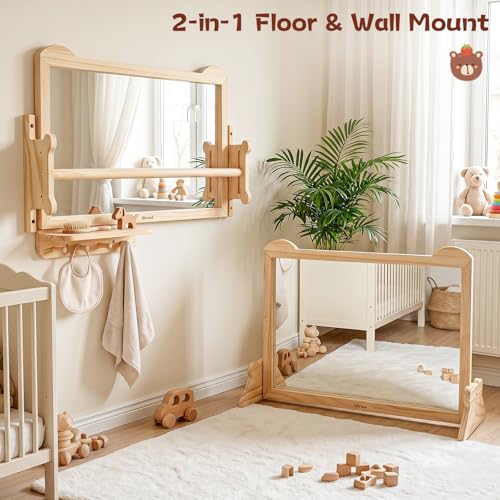 Montessori Baby Mirror with Adjustable Pull-Up Bar & Storage Shelf