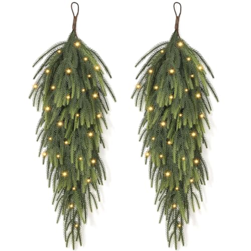 Waipfaru 2 Pcs Artificial Norfolk Pine Christmas Teardrop Swag with Lights - Green / 30 Inch Length