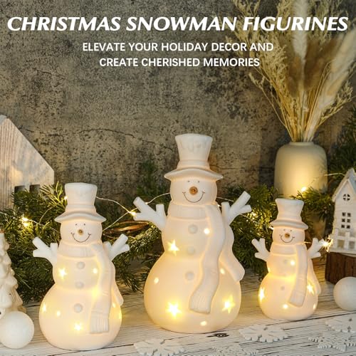 Modern 3 Pack LED Ceramic Snowman Figurines - Battery Operated Holiday Decor