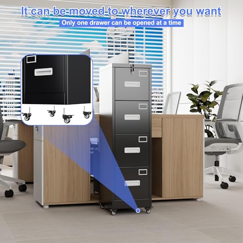 4-Drawer Mobile Metal File Cabinet with Lock, Letter & Legal Size Storage
