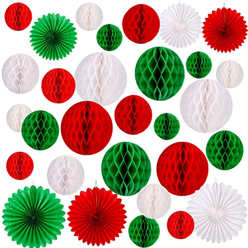 Konsait Christmas Paper Honeycomb Balls & Fans Kit – 30pc Red Green White Party Decor