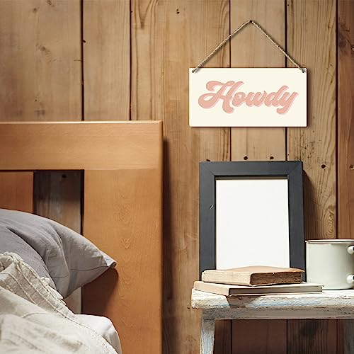 Retro Howdy Wooden Wall Sign - Pink and Beige Boho Hanging Plaque, 12x6"