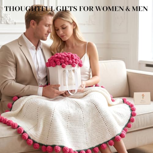 Red Rose Crochet Flower Bouquet Blanket 31 Inch Romantic Gift for Women