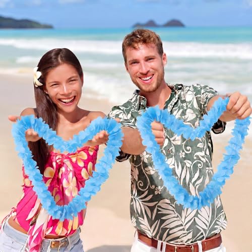 12-Piece Hawaiian Lei Flower Necklace Set - Sky Blue Tropical Party Favors