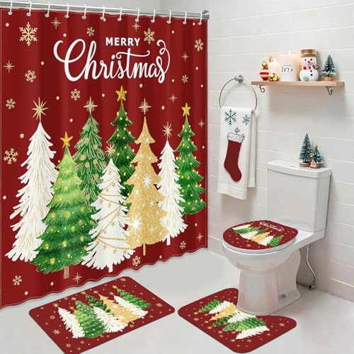 Christmas Tree Shower Curtain Set 4Pcs with Non-Slip Rug, Toilet Lid Cover & Bath Mat