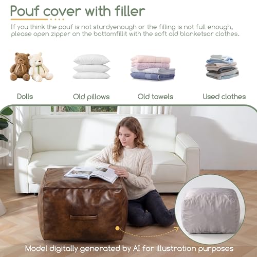 Square PU Leather Pouf Ottoman - 20x14 Inch Footrest Foot Stool