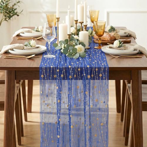 Artoid Mode 28x120 Inch 6pc Dark Blue Glitter Gauze Table Runner for Wedding & Party Decor