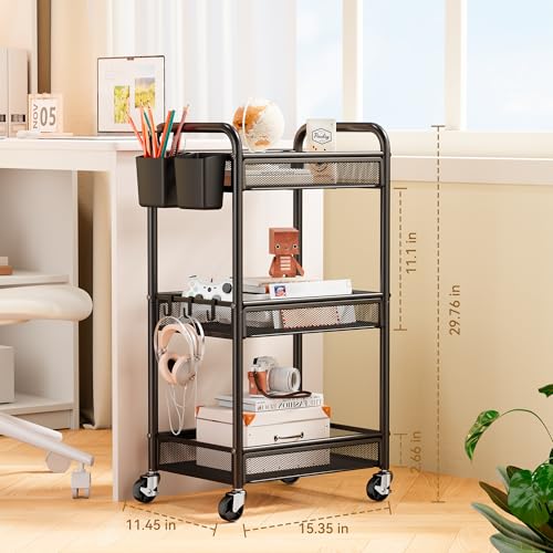 Yasonic 3-Tier Metal Rolling Utility Cart with Wheels, Black Storage Organizer with Hanging Cups and Hooks for Kitchen, Office, and Craft Room