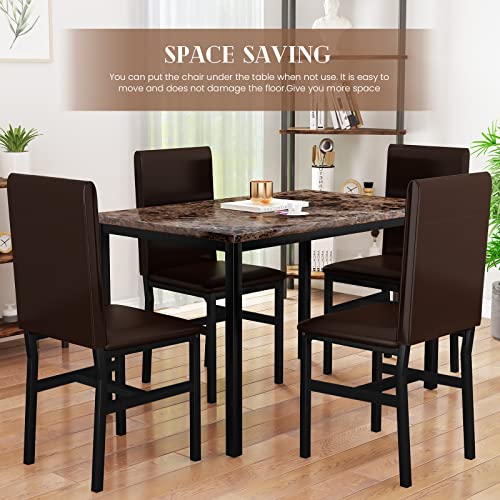 5-Piece Modern Dining Table Set for 4 with Faux Marble Top and Chairs