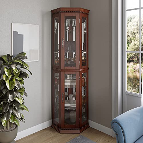 Wooden Corner Curio Cabinet with Lighted Display Shelves & Glass Door