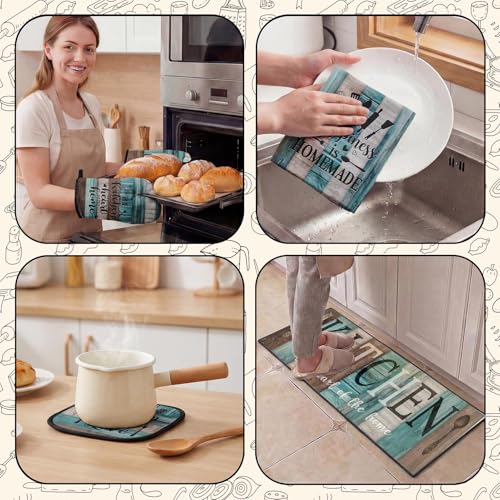 10-Piece Farmhouse Kitchen Decor Set, Turquoise Teal Towels, Rugs & Mitts