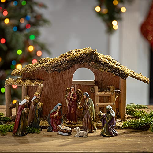 15.25-Inch Nativity Scene Stable with 9 Resin Figurines Christmas Decor