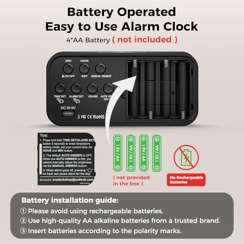 Battery Operated Digital Alarm Clock with Large Red Digits & Auto Dimming