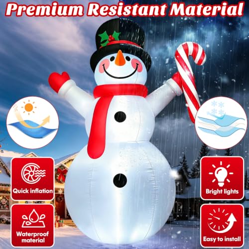 12FT Large Snowman Christmas Inflatable with Candy Cane - LED Light-Up Outdoor Decoration