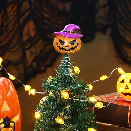 Mini Pumpkin Halloween Tree Topper with Spring Base - 4-Inch Resin Jack-O'-Lantern