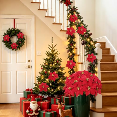 Artificial Christmas Poinsettia Flowers Set - Red, 4 Bundles, 20 Blooms