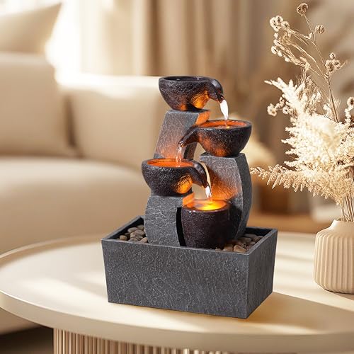 Tabletop Water Fountain with LED Lights - Indoor Waterfall Desk Decor