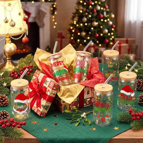 SiliFine Christmas Glass Cups with Lid & Straw - Santa Design, 16 oz, 6 Pack