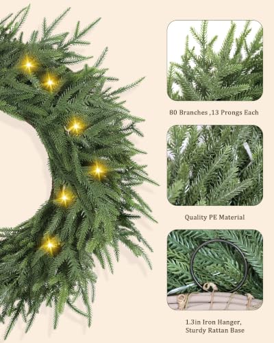 23" Norfolk Pine Wreath - Pre-Lit Front Door Decor, Hecaty 23inch