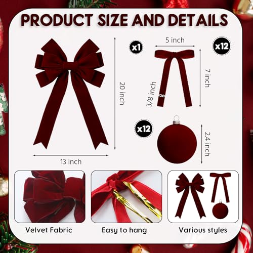 Knitgrip Burgundy Velvet Christmas Tree Topper & Ornaments Set - Large Bow & Balls