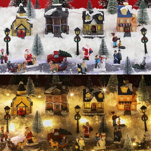Wettarn Classic Lighted Christmas Village Houses Set - 27 Pcs Holiday Figurines