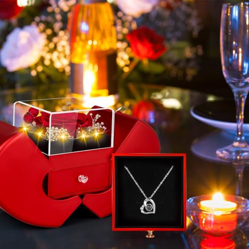 Preserved Real Rose Gift Box with I Love You Necklace for Her