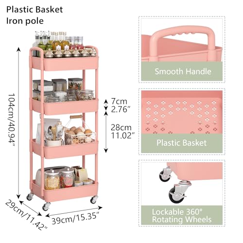 4-Tier Plastic Rolling Utility Cart with Handle & Lockable Wheels, Pink