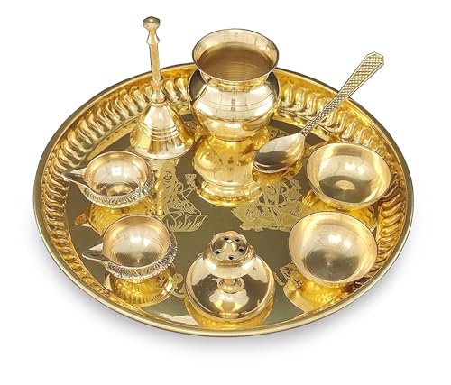 8-Inch Brass Pooja Thali Set with Ritual Accessories for Home Worship