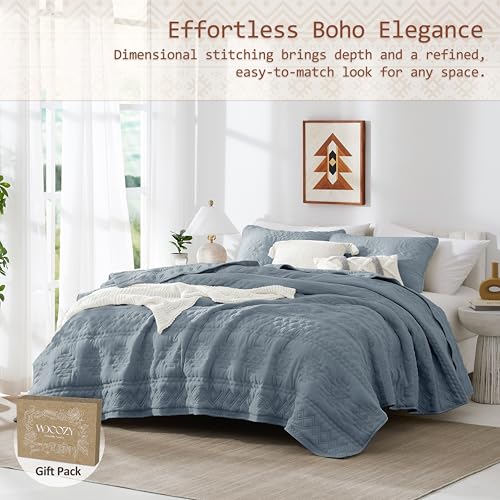 Twin Quilt Set with Pillow Sham - Lightweight Boho Blue Grey Bedding