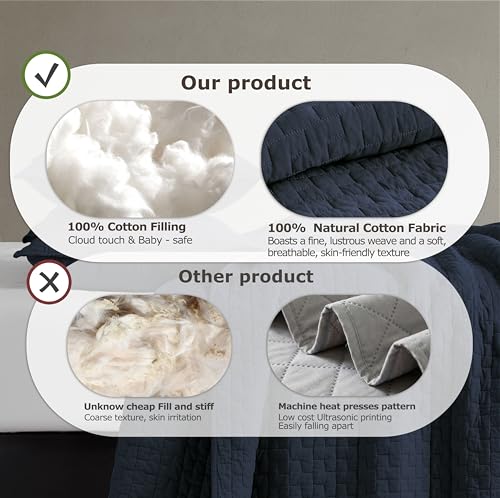 Navy Blue 100% Cotton Queen Quilt Set - 3-Piece Lightweight Bedspread